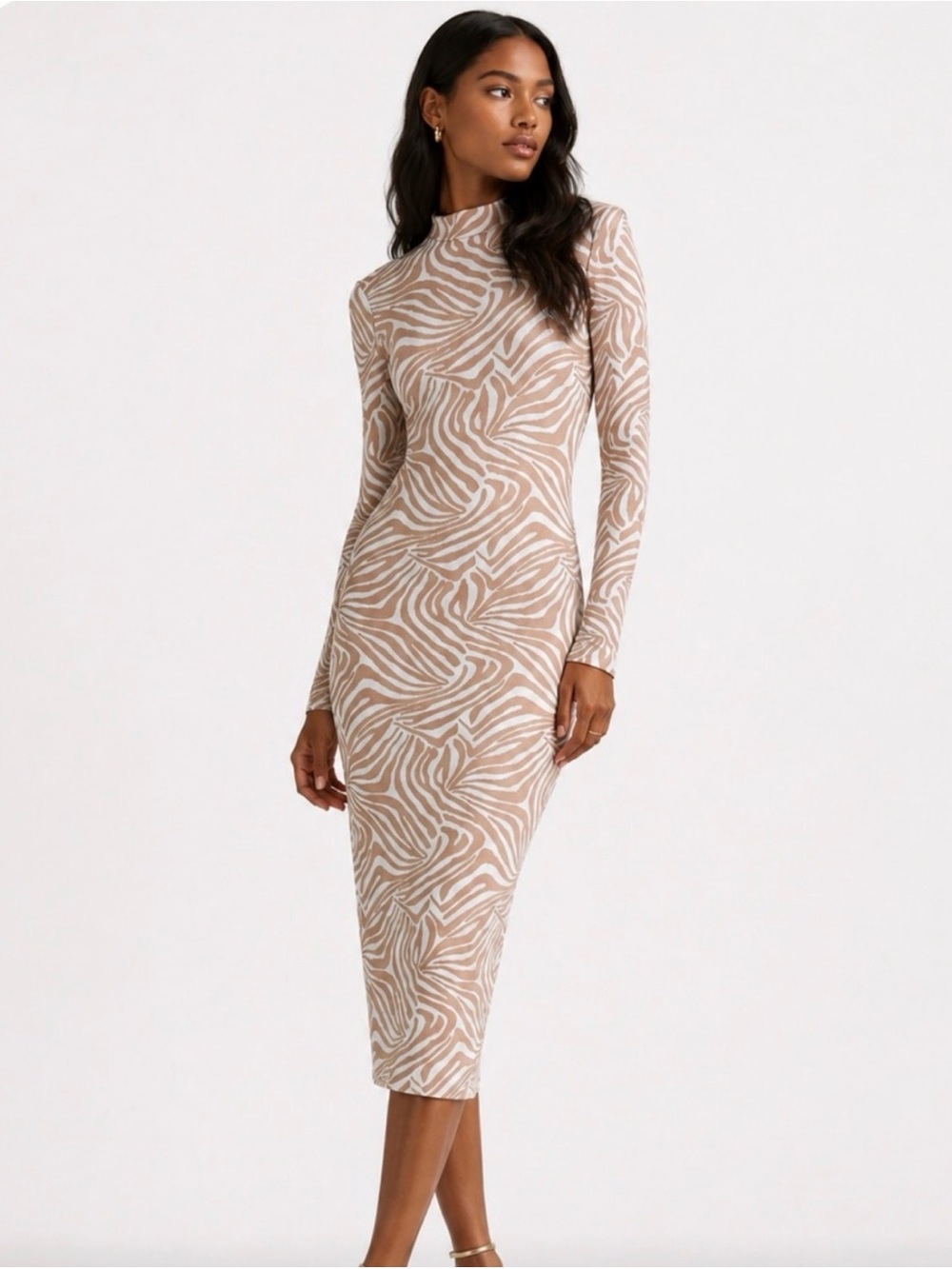 Ted Baker Beige and White Zebra-Print Long Sleeve Midi Dress